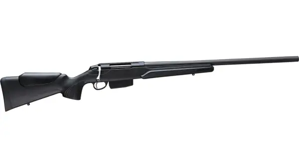 Carabine 222 canon lourd, prête pour le tir de précision. Son design noir et sa crosse ergonomique en font une arme élégante et performante.