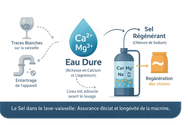 Schéma expliquant le rôle du sel régénérant dans un lave-vaisselle pour adoucir l'eau, éviter les traces et l'entartrage.
