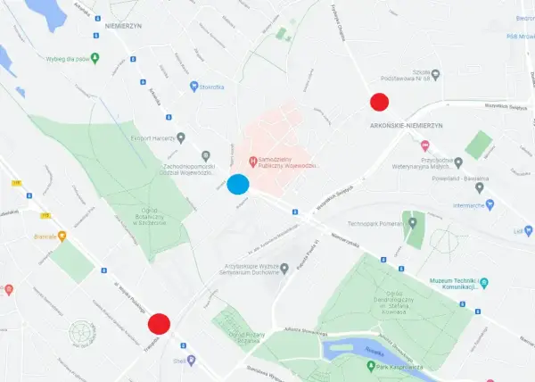 Mapa Szczecina z zaznaczonymi punktami. Jak dojechać do Ogrodu Botanicznego lub Wojewódzkiego? Czerwone i niebieskie kropki wskazują lokalizacje.
