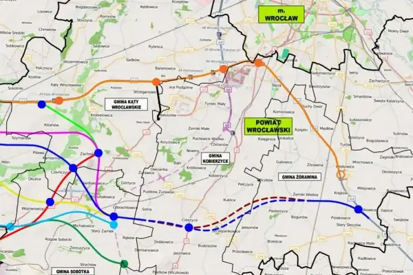 Mapa przedstawia plan budowy autostrad w Polsce do 2041 roku, z zaznaczonymi trasami wokół Wrocławia i okolicznych gmin.