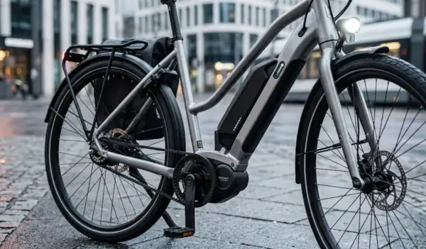 Nowy, srebrny rower elektryczny z bagażnikiem i sakwą, gotowy na miejskie wyzwania. Jaki rower elektryczny wybrać? Ten wygląda świetnie!