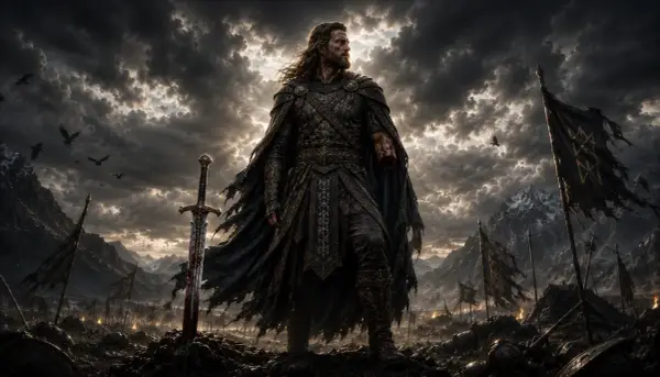 Tyr, dio della guerra, con la sua armatura scura e la spada insanguinata, domina un campo di battaglia desolato sotto un cielo tempestoso.