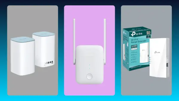 Tres repetidores Wi-Fi: dos blancos cilíndricos, uno blanco Xiaomi y un TP-Link con caja. Aprende como instalar un repetidor de wifi.
