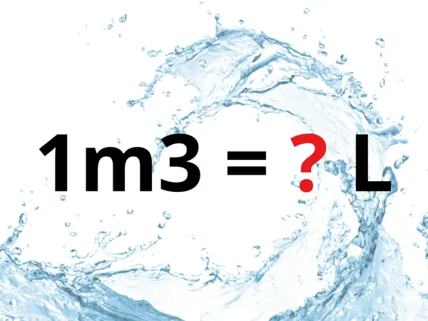 Ile to 1m3? Woda rozpryskuje się wokół napisu, tworząc pytanie o przeliczenie jednostek objętości.