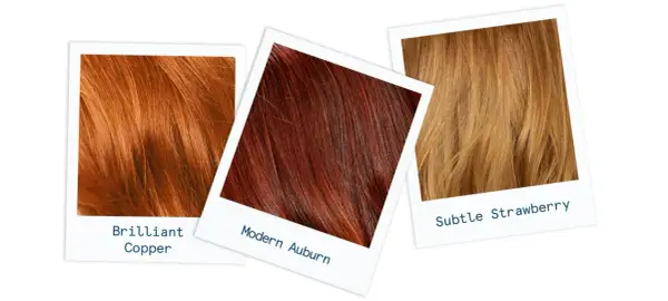 Tres muestras de cabello: cobre brillante, auburn moderno y fresa sutil.