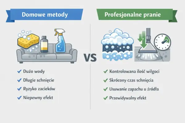 Porównanie domowe pranie tapicerki z metodami profesjonalnymi: więcej wody, długie schnięcie, ryzyko zacieków vs. kontrola wilgoci, szybkie schnięcie, pewny efekt.