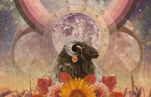 Baran z ozdobnym kwiatkiem, otoczony przez astrologiczny krąg i księżyc. To symbolika "Mars w Baranie", pełna energii i odwagi.