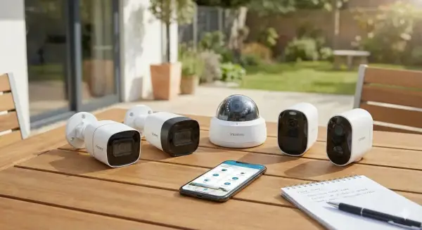 Ensemble de caméras de vidéosurveillance intelligente Vicelers sur une table en bois, avec un smartphone affichant l'application de contrôle.