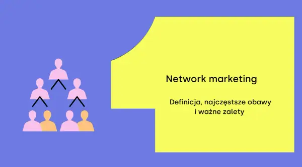 Schemat piramidy ludzi i tekst "Network marketing: definicja, obawy i zalety". Dowiedz się, czym jest mlm.