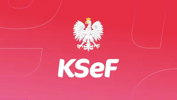 Biały orzeł i napis KSeF na różowym tle. System KSeF dla kogo? Dla wszystkich firm w Polsce.