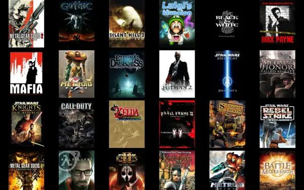 Kolekcja okładek gier PC, w tym Metal Gear Solid, Mafia, Zelda, Star Wars i inne, tworząca listę top 100 gier PC.