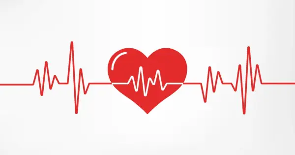 Czerwone serce z linią EKG. Tętno 150 uderzeń na minutę, symbolizujące szybkie bicie serca.