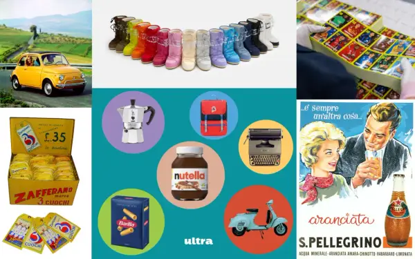 Un collage di foto iconiche italiane: Fiat 500, stivali colorati, moka, Nutella, Vespa, macchine da scrivere, figurine, pasta Barilla e S.Pellegrino.