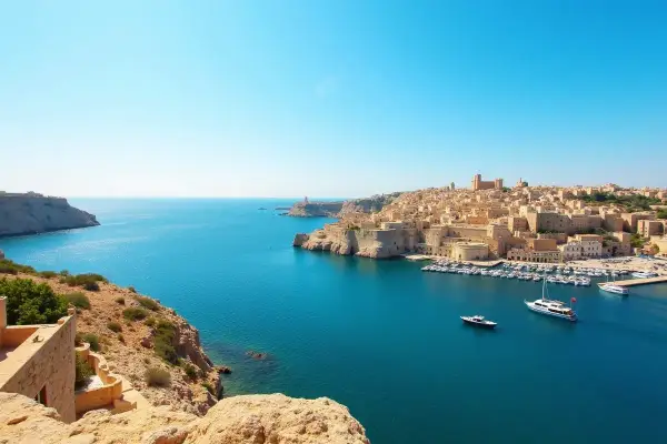 Malta w październiku: błękitne morze, skaliste wybrzeże i zabytkowe miasto z portem pełnym łodzi. Idealna pogoda na zwiedzanie.