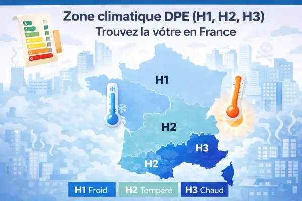 Carte de France divisée en zones climatiques DPE : H1 (Froid), H2 (Tempéré) et H3 (Chaud).