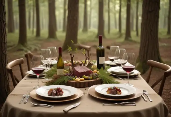 Ett elegant uppdukat bord i skogen med rött vin till oxkind, glas, tallrikar och en vacker köttbit som huvudrätt.
