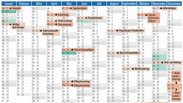 Kalender mit Feiertagen für Ferien in Sachsen-Anhalt. Feiertage wie Ostern, Pfingsten und Allerheiligen sind markiert.