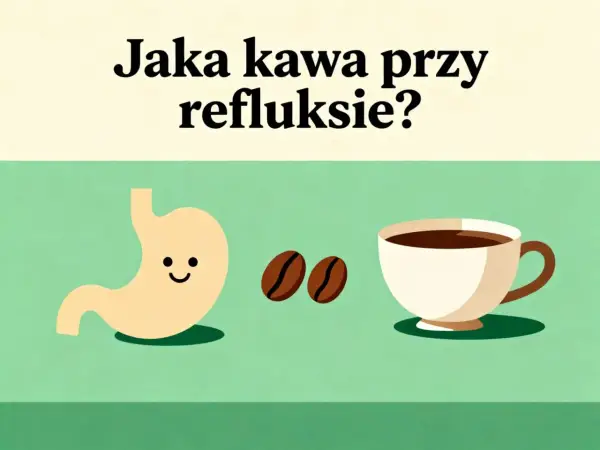 Uśmiechnięty żołądek, ziarna kawy i filiżanka. Czy można pić kawę przy refluksie? Dowiedz się, jaka kawa jest najlepsza.