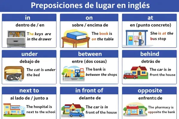 Tabla de preposiciones en inglés B1: "in" (dentro), "on" (sobre), "at" (en punto concreto), "under" (debajo), "between" (entre), "behind" (detrás), "next to" (al lado), "in front of" (delante), "opposite" (enfrente).