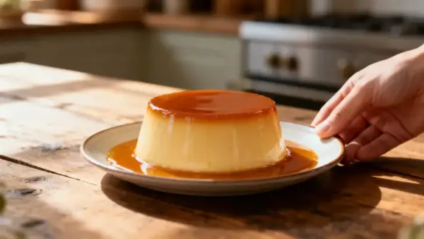Un délicieux crème caramel, nappé de son coulis ambré, est servi sur une assiette. Une main s'approche pour le saisir.