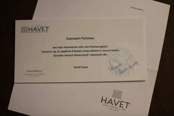 List powitalny z hotelu Havet. Dowiedz się, jak napisać opinię o hotelu, by pomóc innym gościom.