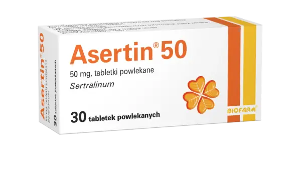 Opakowanie leku Asertin 50, zawierającego 30 tabletek powlekanych z sertraliną, stosowanego w leczeniu depresji i innych zaburzeń.