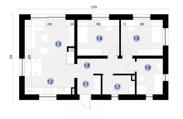 Projekt domu 70m2 parterowy. Rzut parteru z salonem, kuchnią, 3 sypialniami, łazienką i przedpokojem.