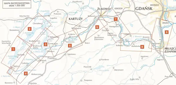 Mapa okolic **Skorzewo** z zaznaczonymi jeziorami, rzekami i miejscowościami. Widoczne są numery obszarów: 1, 2, 3, 4, 5, 6, 7, 8, 9.