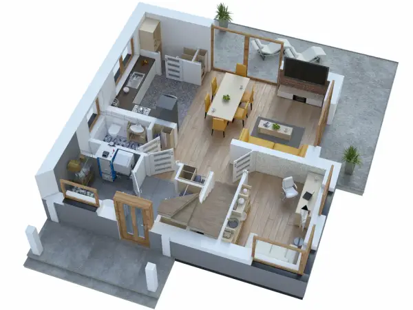 Wizualizacja projektu domu 70m2: kuchnia, łazienka, salon z jadalnią, gabinet i taras.