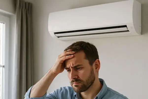 Un homme inquiet touche son front sous une unité de climatisation murale, peut-être en attendant une installation climatisation.