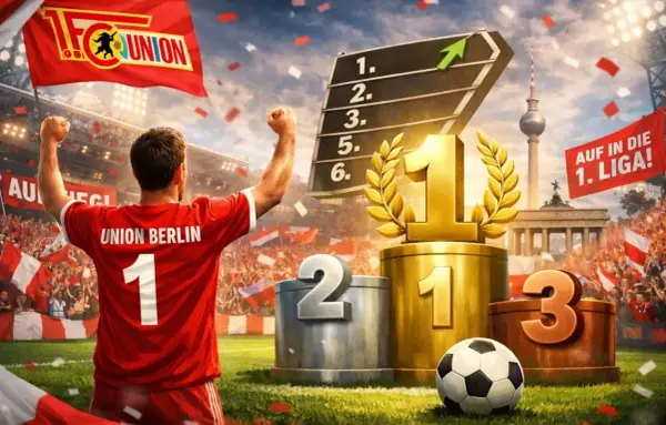 Piłkarz Union Berlin świętuje sukces. Na podium pierwsze miejsce, w tle berlińska wieża i trybuny pełne kibiców.