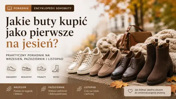 Różne rodzaje butów na jesień: złote sneakersy, beżowe mokasyny, brązowe półbuty i botki. Poradnik, jakie buty kupić jako pierwsze na jesień.