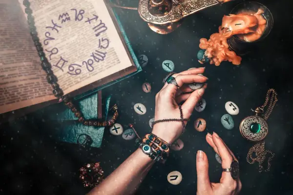 Ręce trzymają kamienie z runami, obok księga z symbolami zodiaku. To wszystko sugeruje, że godzina urodzenia numerologia może być kluczem do odczytania przyszłości.