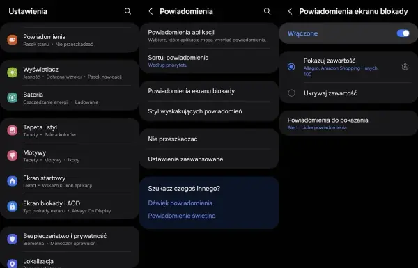 Ustawienia telefonu, sekcja powiadomienia. Widzimy opcje jak wyłączyć powiadomienia, sortowanie, powiadomienia na ekranie blokady.