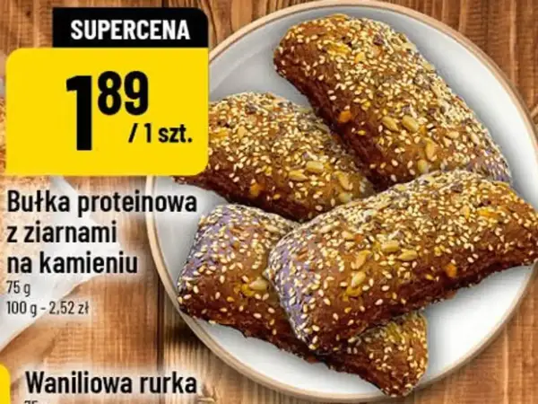 Bułka proteinowa z ziarnami, idealna na fitness, z niską zawartością kcal. Dino oferuje ją w super cenie.