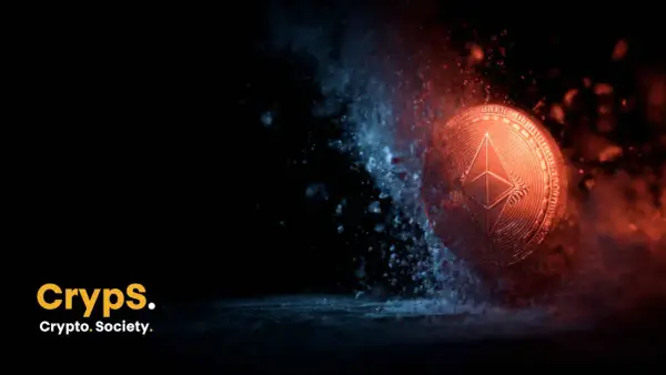 Moneta Ethereum wybija się z mroku, otoczona niebieskim i czerwonym pyłem. Najnowsze ethereum wiadomości w zasięgu ręki.