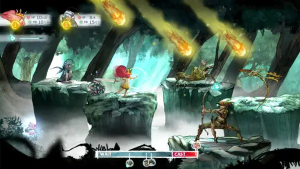 Postacie w tym jrpg walczą z potworami w lesie, spadają meteoryty.
