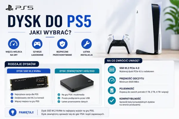 Poradnik wyboru dysku do PS5: SSD M.2 NVMe dla najlepszych wrażeń z gier lub dysk zewnętrzny na starsze tytuły i kopie zapasowe.