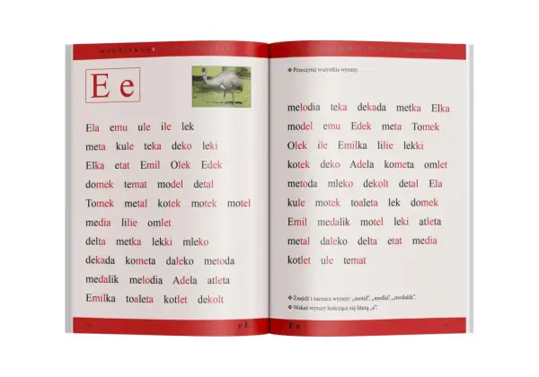 Strona z podręcznika z literą "E", zdjęciem emu i listą słów do nauki.