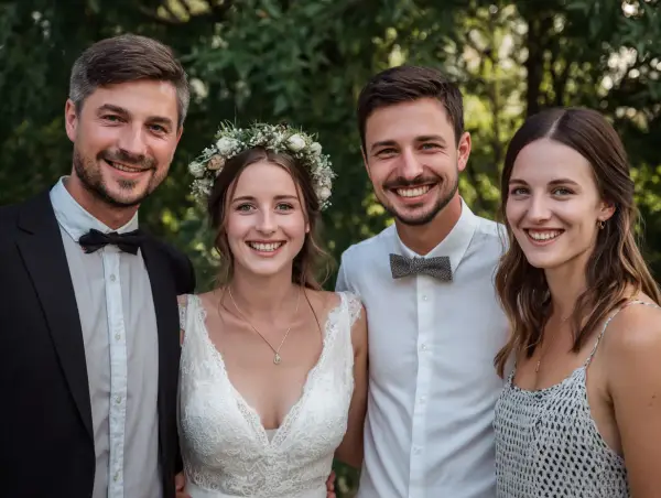 Un couple heureux, entouré de leurs témoins, après la cérémonie à la mairie. La mariée porte une couronne de fleurs.