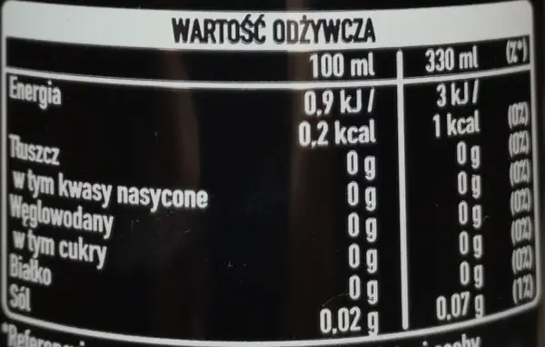 Tabela wartości odżywczych napoju, który jest cola zero kalorie. W 100 ml napoju znajduje się tylko 0,2 kcal.