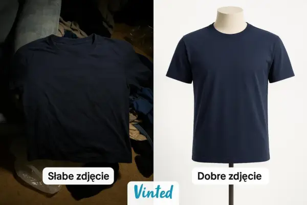 Porównanie zdjęć koszulki: słabe zdjęcie w tle, dobre zdjęcie na manekinie. Algorytm Vinted doceni lepszą prezentację.