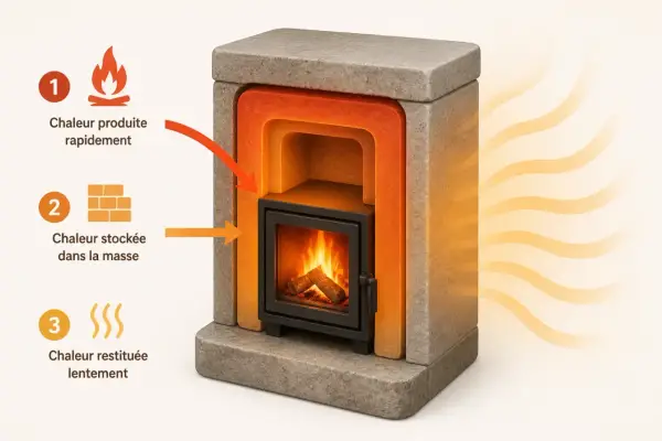 Le poêle de masse français, avec son cœur de feu, produit rapidement la chaleur qui est ensuite stockée dans sa masse pour une restitution lente et constante.