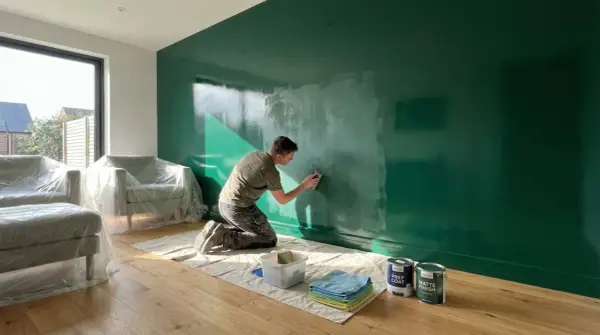 Hombre lijando pared verde brillante, preparándose para pintar. Muebles cubiertos, latas de pintura a mano.