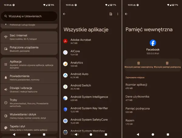 Ekran telefonu z opcjami jak wyczyścić pamięć podręczną w telefonie. Widoczne opcje "Wyczyść pamięć wewnętrzną" i "Wyczyść pamięć podręczną".