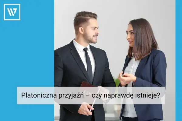 Mężczyzna i kobieta w garniturach rozmawiają, zastanawiając się nad platoniczną przyjaźnią.