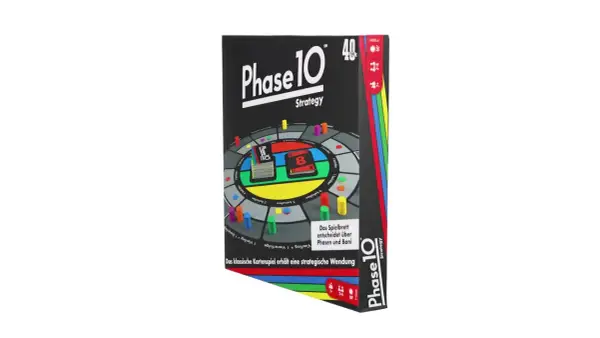 Pudełko gry planszowej "Phase 10 Strategy" z kolorową planszą i pionkami. Gra strategiczna, idealna na fazę 10 zabawy.