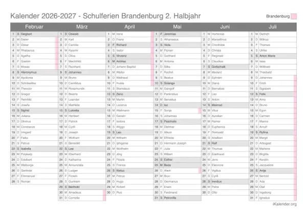Kalender 2026-2027 mit Monaten Februar bis Juli und Namen.