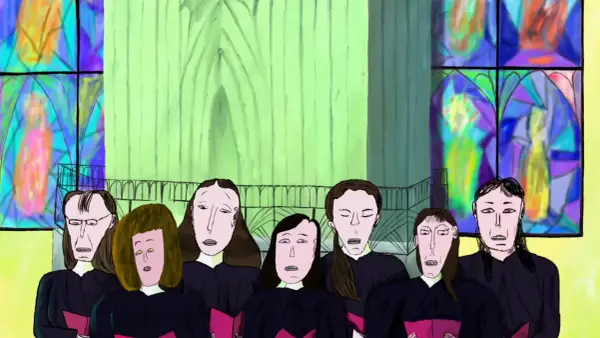 Coro di voci in una chiesa con vetrate colorate. Un'immagine che potrebbe far parte dei migliori cortometraggi animati.