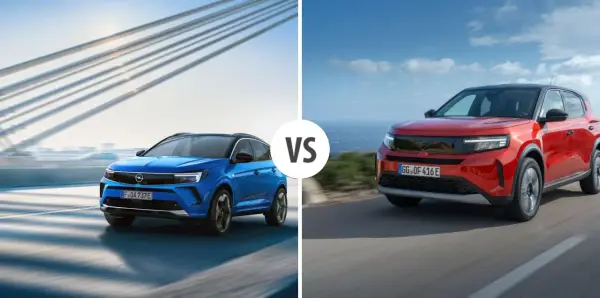 Niebieski i czerwony Opel SUV jadące po drogach, z mostem w tle.